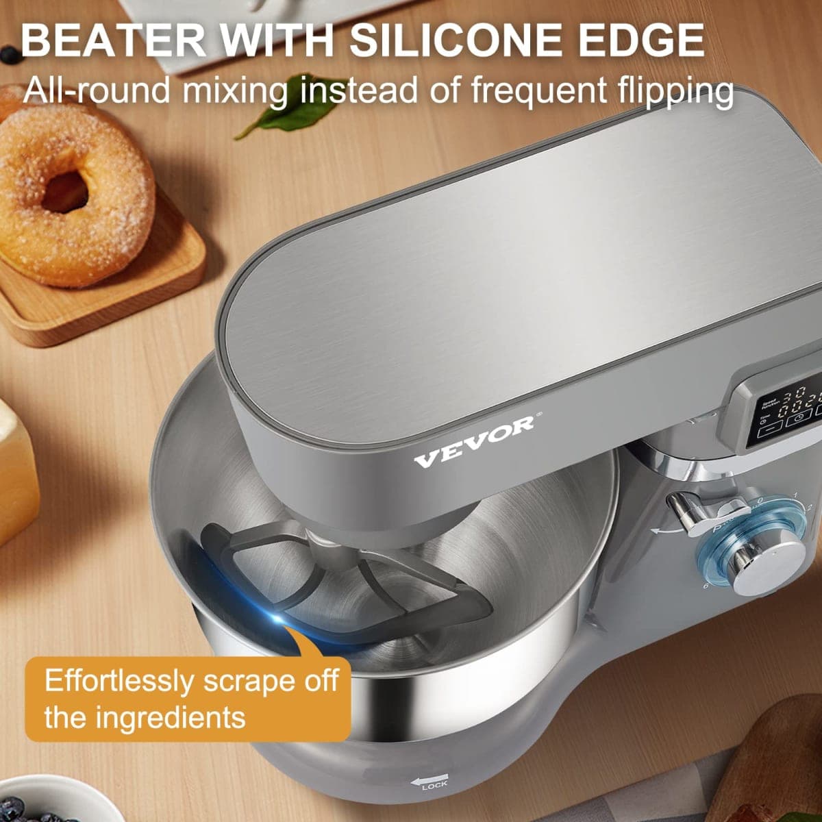 VEVOR Stand Mixer, 660W Electric Dough Mixer with 6 Speeds LCD Screen Timing, Tilt-Head Food Mixer with 5.8 Qt Stainless Steel Bowl, Dough Hook, Flat Beater, Whisk, Scraper, Splash-Proof Cover - Gray thumbnail 4