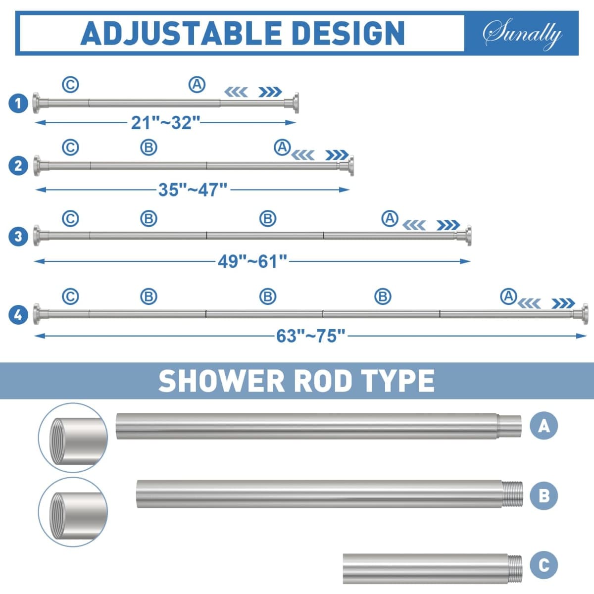 SUNALLY Shower Tension Curtain Rod for Bathroom No Drilling 32-75in, Nickel thumbnail 2