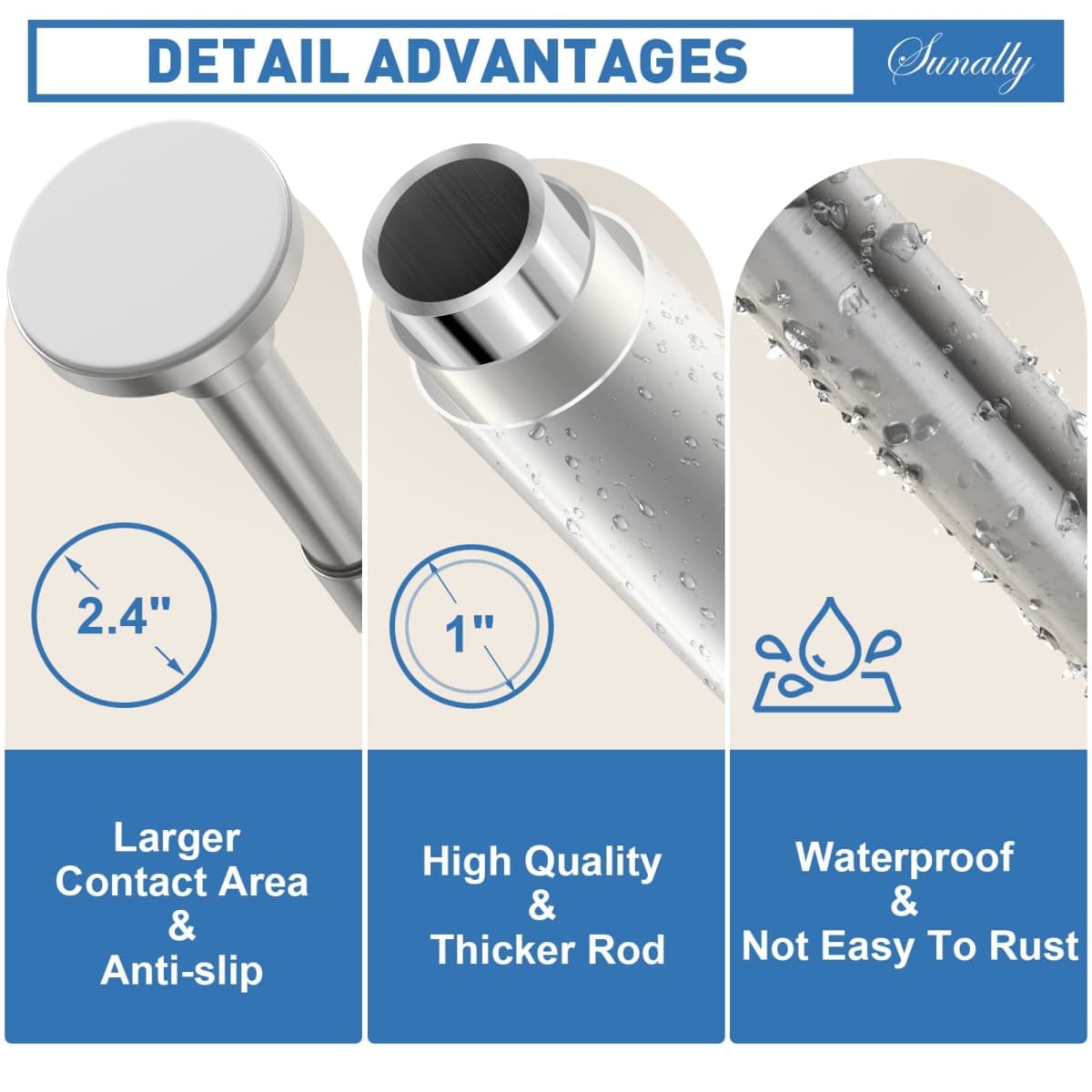 SUNALLY Shower Tension Curtain Rod for Bathroom No Drilling 32-75in, Nickel thumbnail 4
