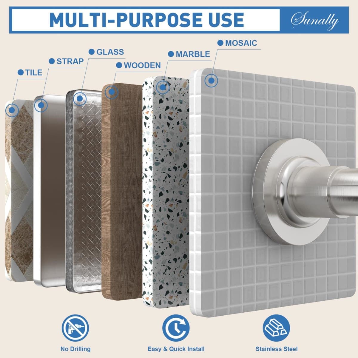 SUNALLY Shower Tension Curtain Rod for Bathroom No Drilling 32-75in, Nickel thumbnail 5