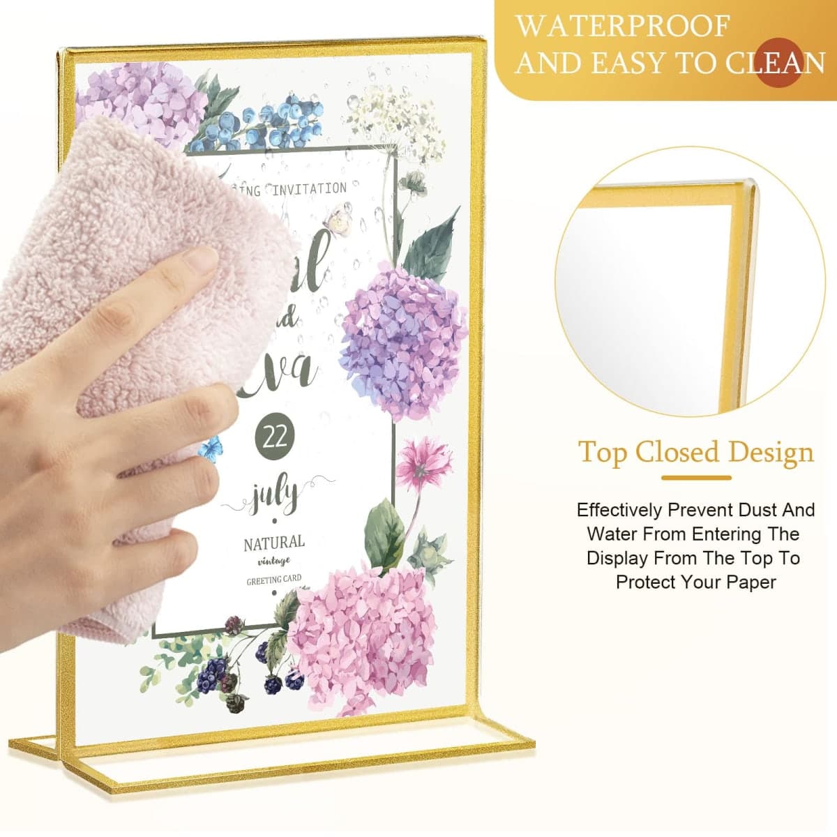 Hoteam 24 Pack 4 x 6 Clear Acrylic Sign Holder with Gold Borders, Gold Picture Frame, Double Sided Wedding Table Number, Acrylic Menu Stands for Wedding Table, Restaurant Sign, Photos Display thumbnail 5
