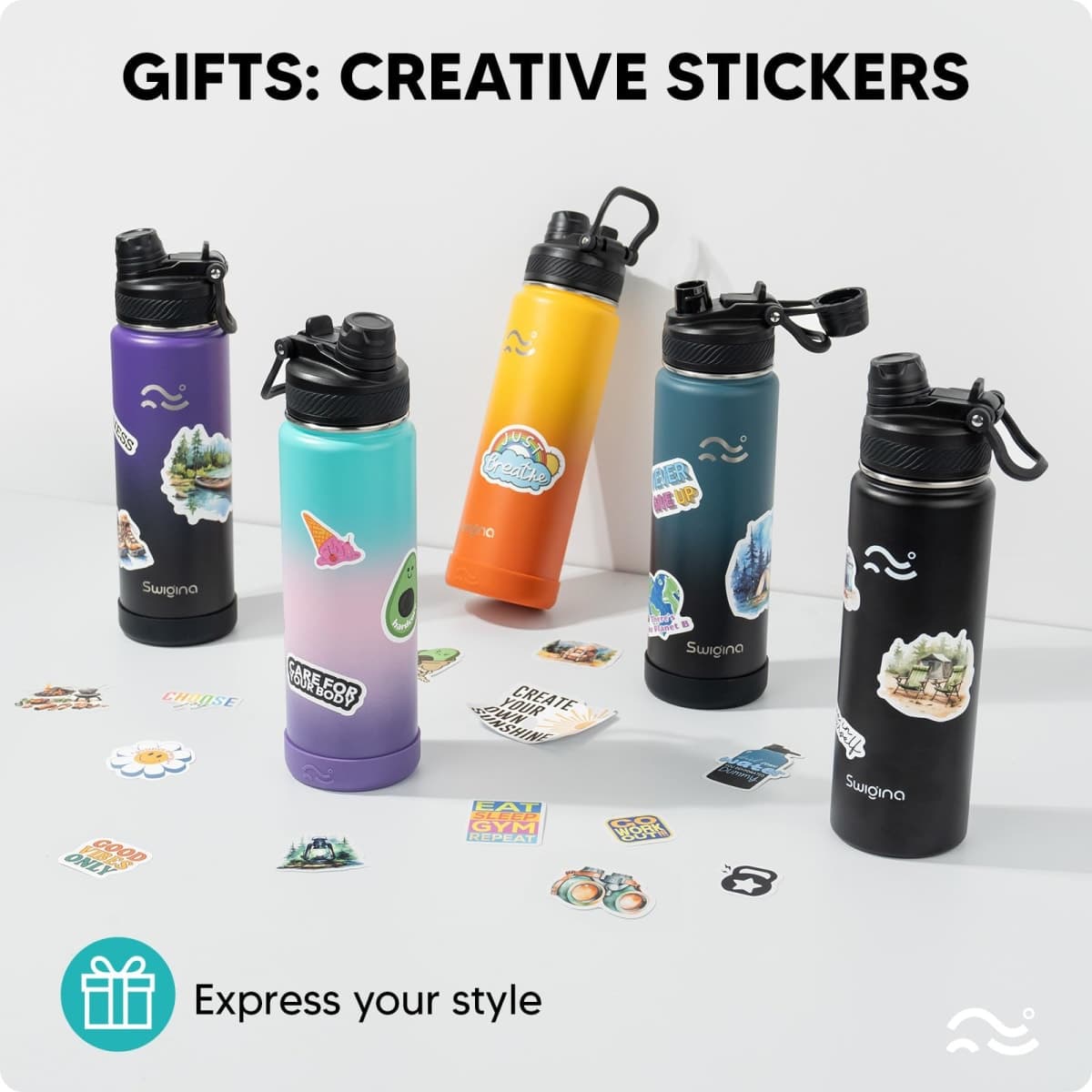 Swigina [2-in-1 LID] Insulated Water Bottle with Silicone Boot (36hrs Cold/18hrs Hot) - DIY Stickers, Leakproof, BPA Free, 24 oz thumbnail 5