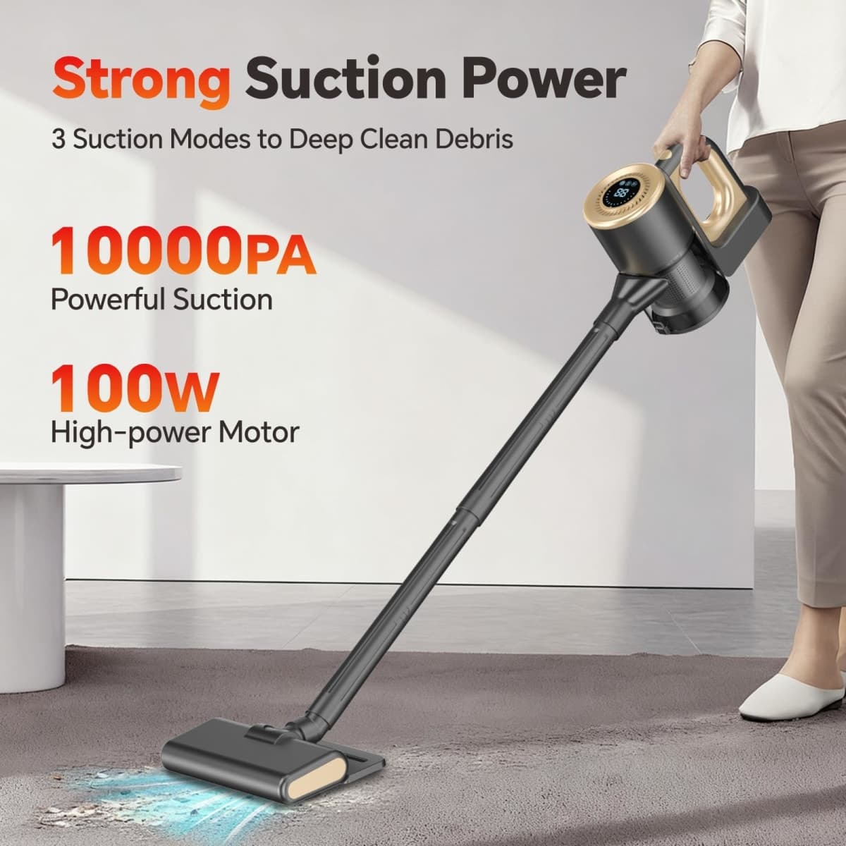 Cordless Vacuum Cleaner, Powerful Suction Vacuum Cleaners for Home, Stick Vacuum Cordless Rechargeable with LED Screen and 3-Speed Suction, Lightweight Vacuum for Hard Floors Carpets Pet Hair, Gold thumbnail 2