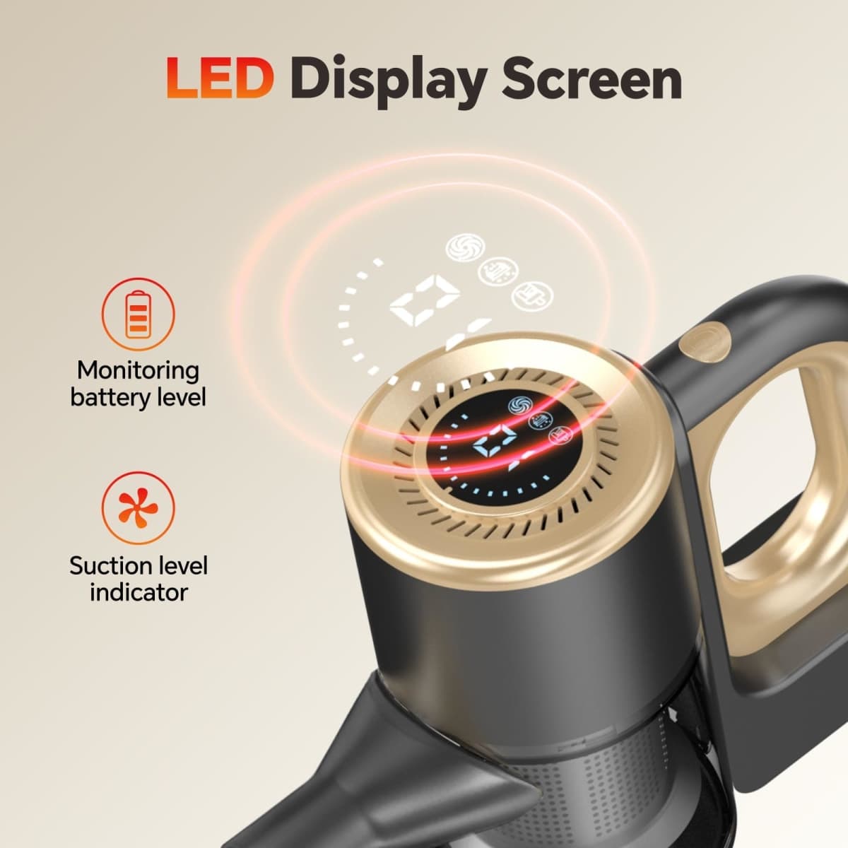 Cordless Vacuum Cleaner, Powerful Suction Vacuum Cleaners for Home, Stick Vacuum Cordless Rechargeable with LED Screen and 3-Speed Suction, Lightweight Vacuum for Hard Floors Carpets Pet Hair, Gold thumbnail 3