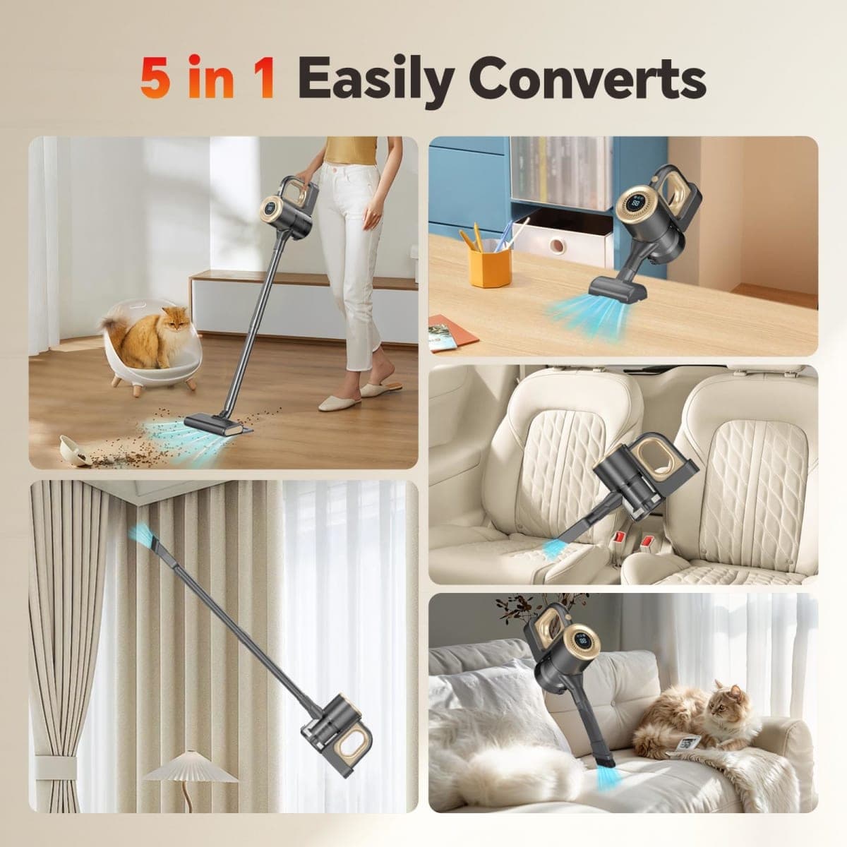 Cordless Vacuum Cleaner, Powerful Suction Vacuum Cleaners for Home, Stick Vacuum Cordless Rechargeable with LED Screen and 3-Speed Suction, Lightweight Vacuum for Hard Floors Carpets Pet Hair, Gold thumbnail 4
