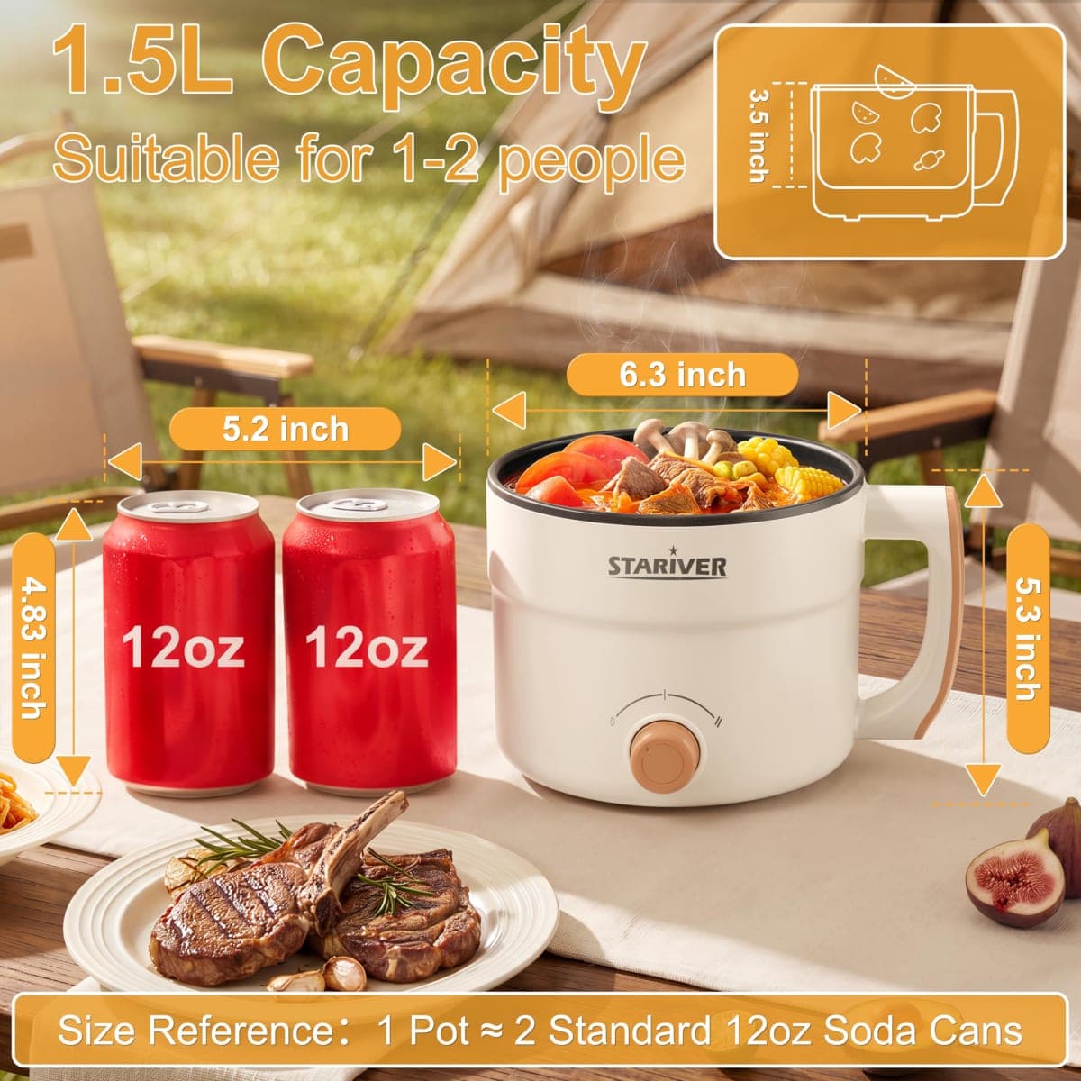 Stariver 1.5L Electric Pot, Mini Portable Ramen Cooker，Non-Stick Coating thumbnail 5