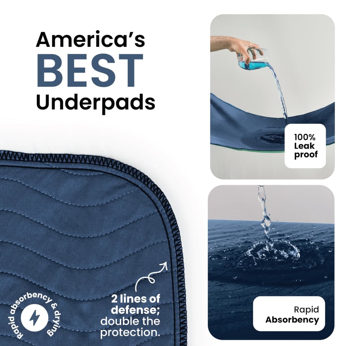 IMPROVIA® Washable Underpads, Heavy Absorbency Reusable Incontinence Pads for Kids, Adults, Elderly, and Pets, Waterproof Protection Floor (Navy & Green, 34"x52" (Pack of 2)) thumbnail 2