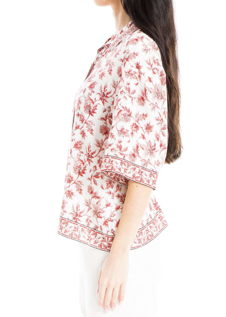 Max Studio Women's Rayon 3/4 Sleeve Button Front Blouse, Ivory/Green Contrast Flower, Large thumbnail 2