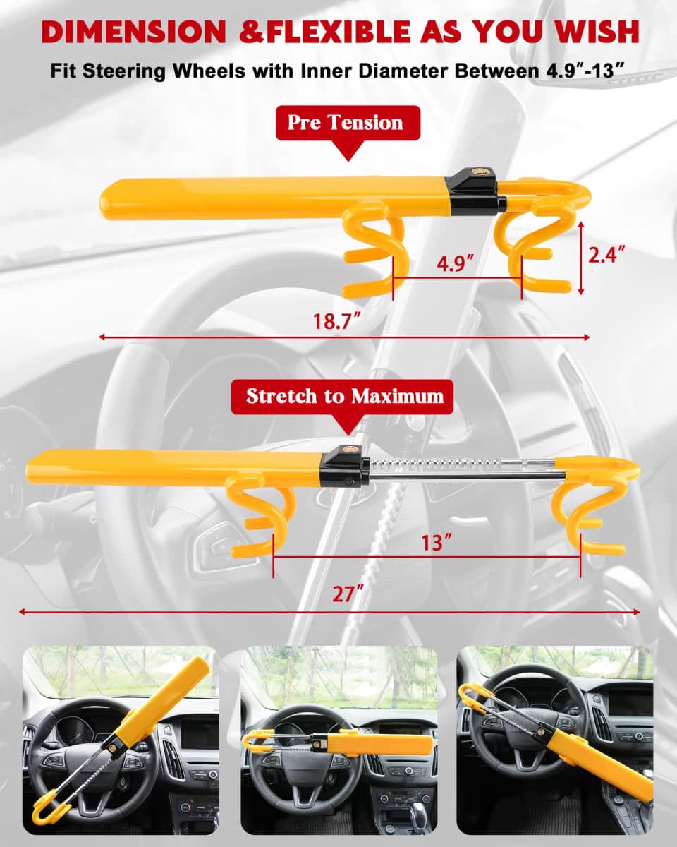 Tevlaphee Steering Wheel Lock Anti-Theft Car Device Heavy Duty Security Car Lock Antitheft Locking Devices Great Deterrent Adjustable Car Wheel Lock Anti Theft for Vehicle Truck with 3 Keys(Yellow) thumbnail 2