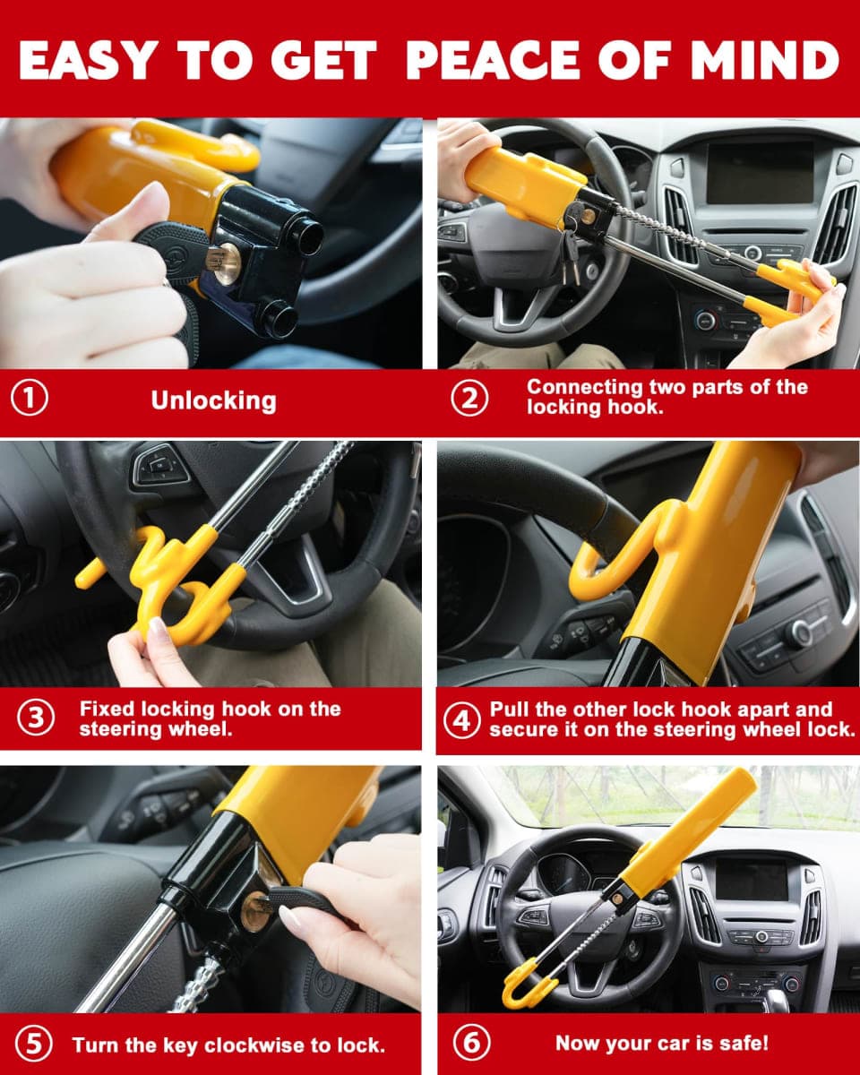Tevlaphee Steering Wheel Lock Anti-Theft Car Device Heavy Duty Security Car Lock Antitheft Locking Devices Great Deterrent Adjustable Car Wheel Lock Anti Theft for Vehicle Truck with 3 Keys(Yellow) thumbnail 4