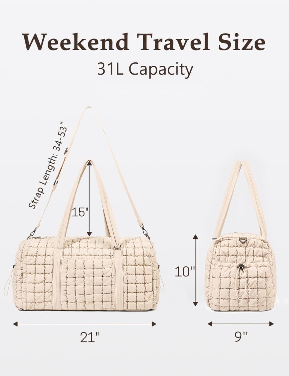 Unilily Puffy Women's Travel Bag, beige, 21" L x 9" W x 10" H, 31L, Secure pocket thumbnail 3