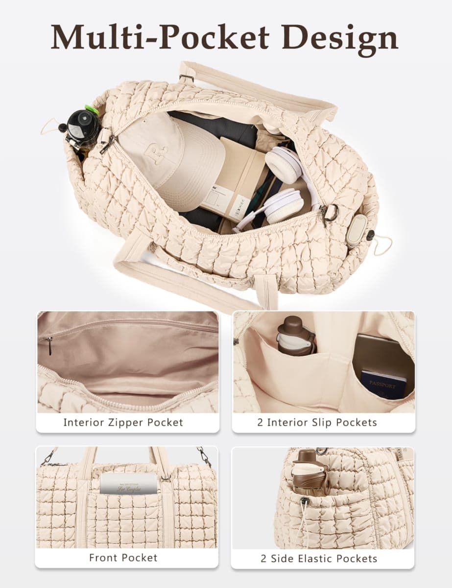 Unilily Puffy Women's Travel Bag, beige, 21" L x 9" W x 10" H, 31L, Secure pocket thumbnail 4