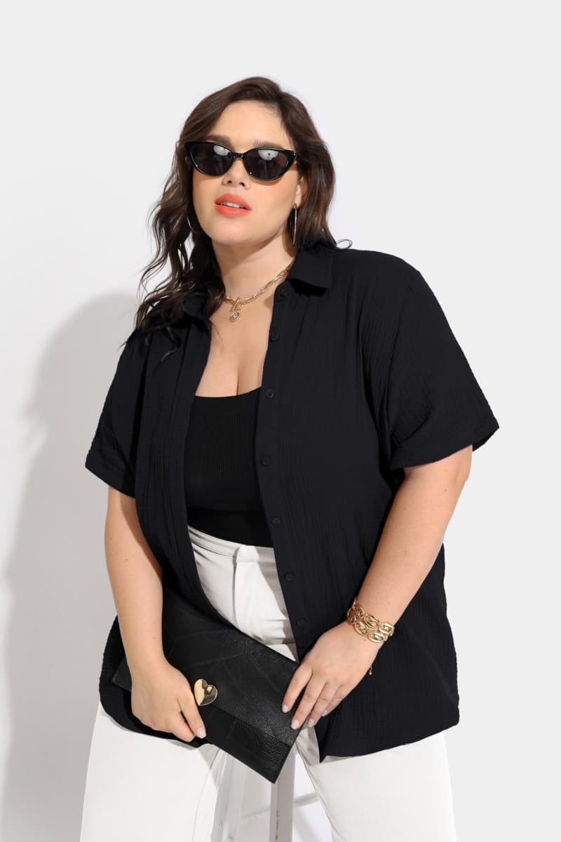 TIYOMI Plus Size Short Sleeve Cotton Shirts for Women Button Down Collared Tops Summer Casual Blouses XL-5XL, 4628-black, 3X-Large thumbnail 2