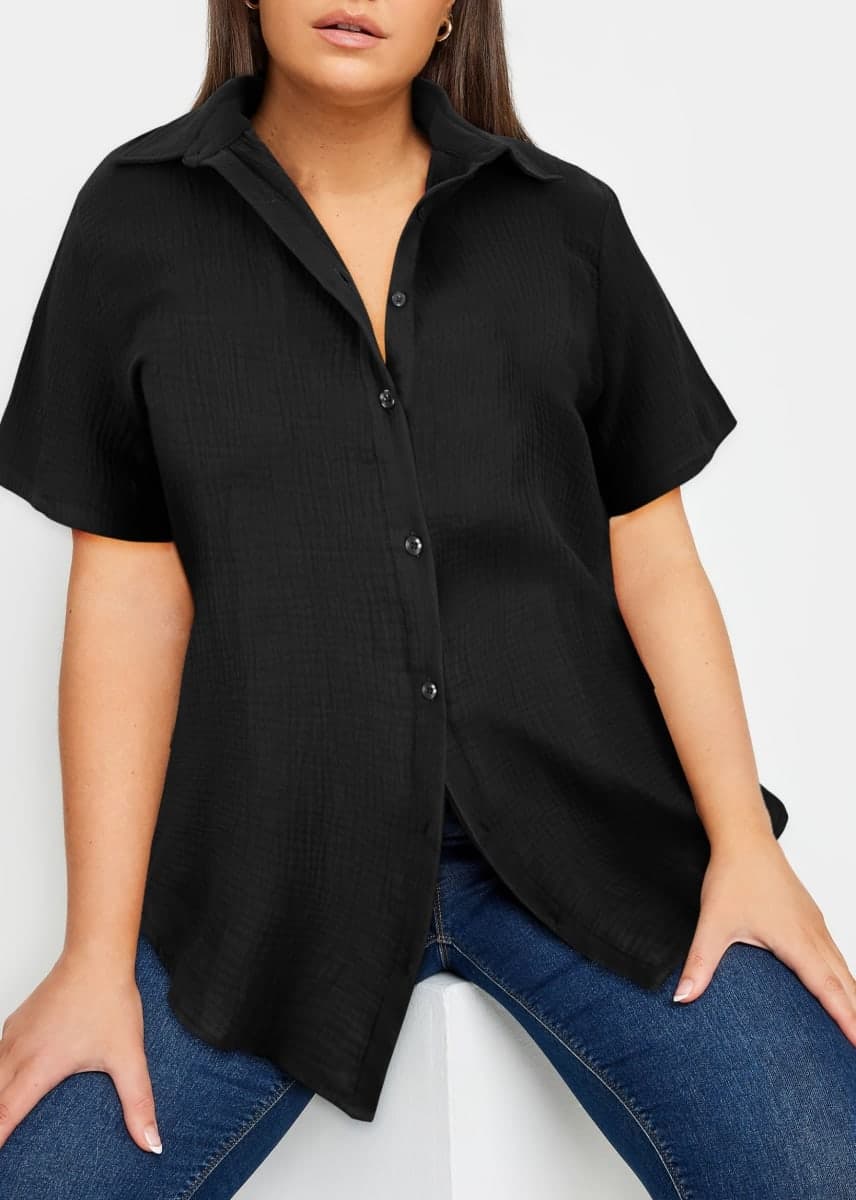 TIYOMI Plus Size Short Sleeve Cotton Shirts for Women Button Down Collared Tops Summer Casual Blouses XL-5XL, 4628-black, 3X-Large thumbnail 3