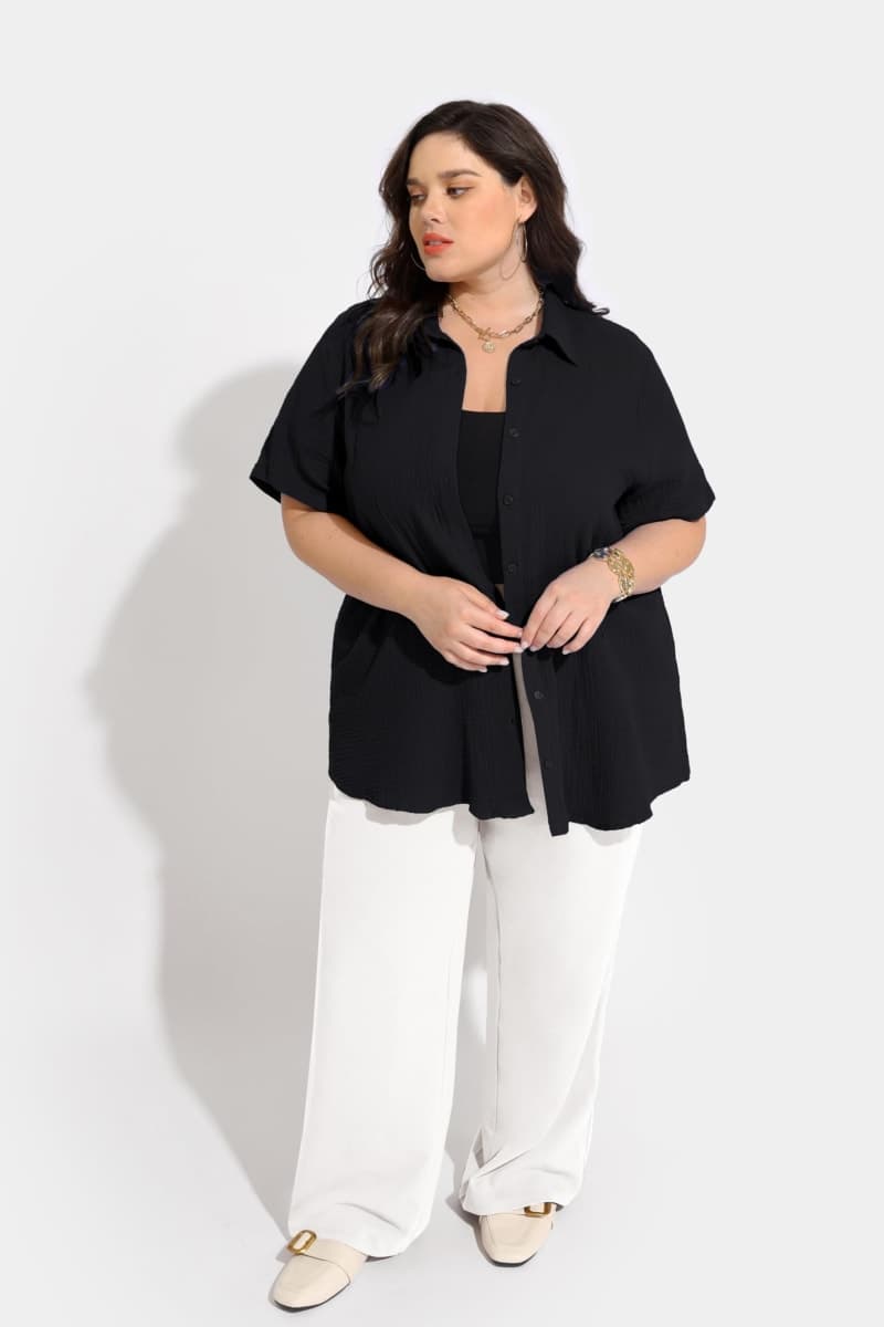 TIYOMI Plus Size Short Sleeve Cotton Shirts for Women Button Down Collared Tops Summer Casual Blouses XL-5XL, 4628-black, 3X-Large thumbnail 4