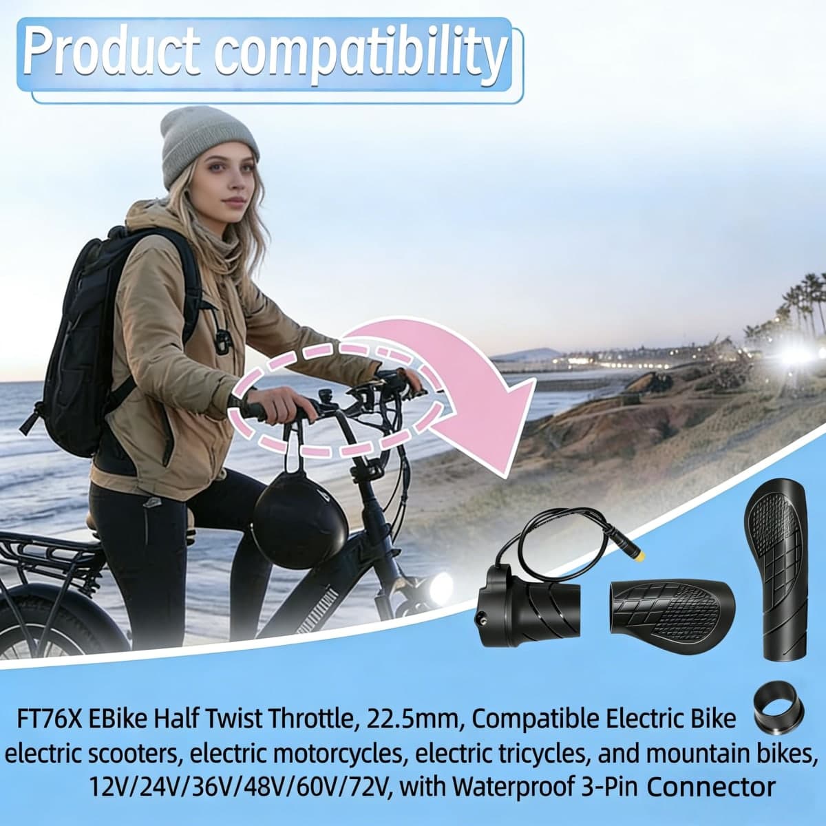 FT76x semi-Torsion Electric Bicycle Throttle Grip, 3-pin Connector, 36V, 48V and 72V Speed Control Handlebar Replacement, Compatible with Electric, Bicycle, Motorcycle and Scooter thumbnail 3