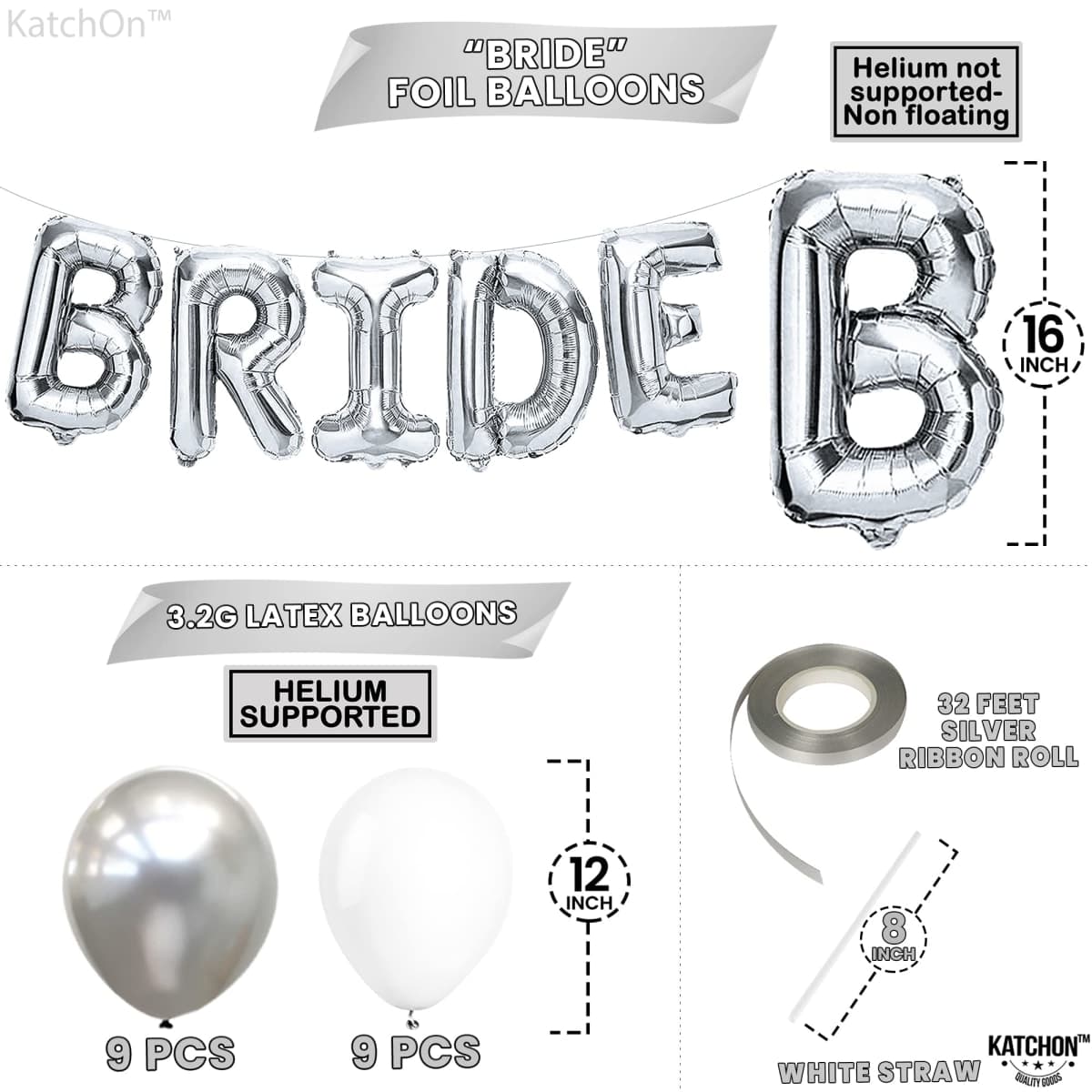 KatchOn, Silver Bride Balloons Set, 16 Inch - Big Pack of 23 | Silver Bachelorette Party Decorations | Bride Decorations | Bride Letter Balloons for Bridal Shower Decorations thumbnail 3