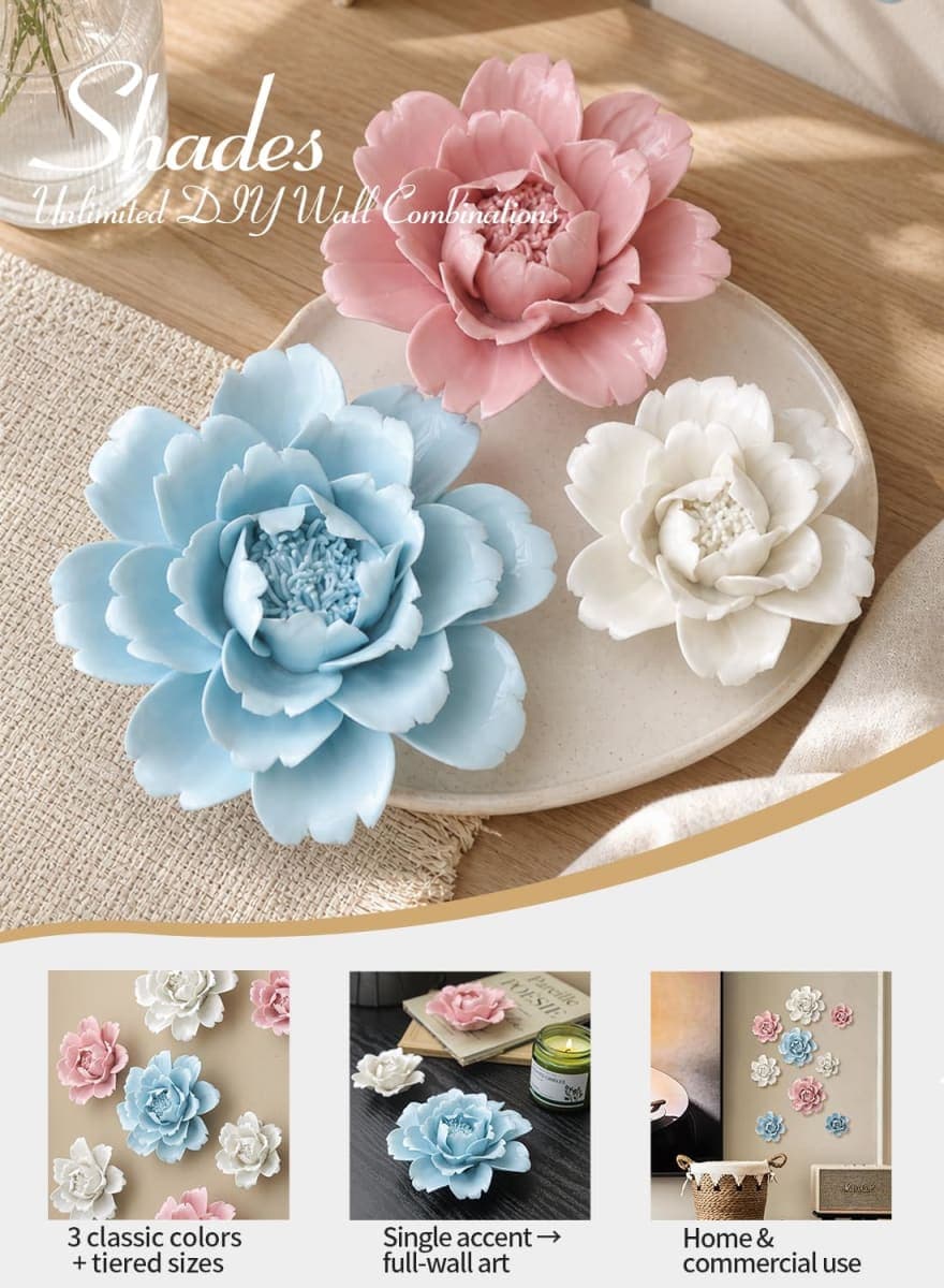 CEUYGT Ceramic Flower Wall Decor 3D Wall Hanging Home Decor Living Room Blue Peony 3.54" thumbnail 5
