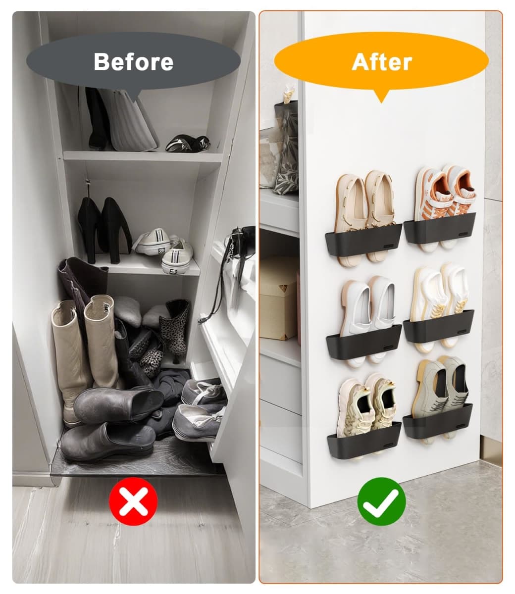 DegMongee 6-Pack Wall Mounted Shoe Rack with Sticky Strips, Space Saving Hanging Shoe Rack, No-Drill Hanging Shoe Shelves, Ideal for RV, Campers, Door, Closet thumbnail 2