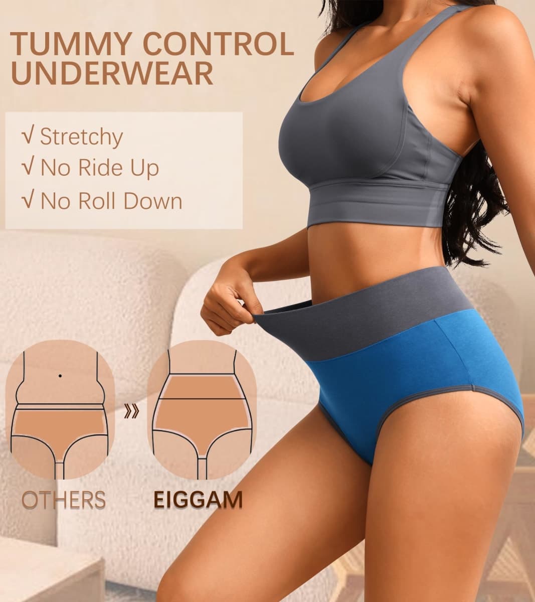 Eiggam High Waisted Underwear for Women Tummy Control Panties Cotton Briefs Full Coverage Breathable Underwear Packs Women, Multicoloured D - 5 Pack, Large thumbnail 3
