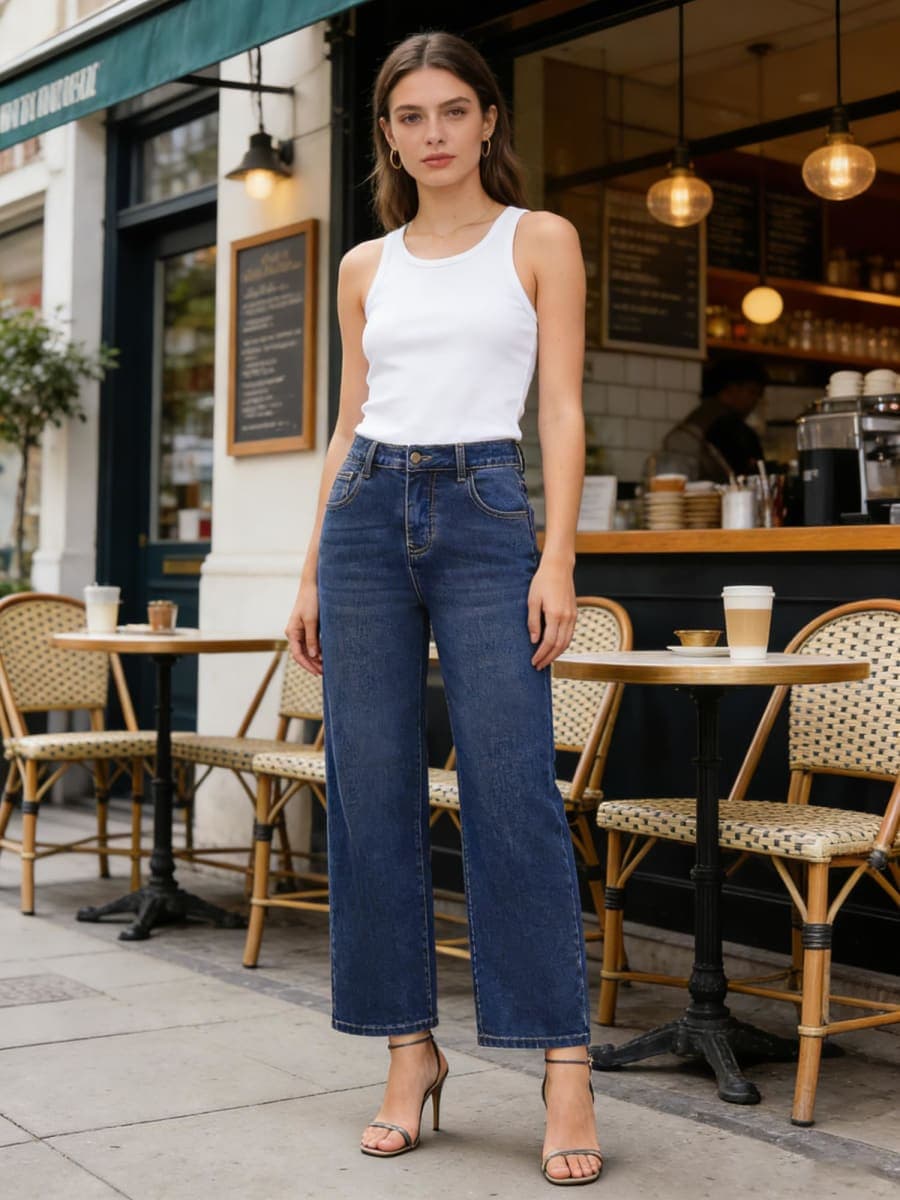 Belle Poque Women Wide Leg Jeans Mid Rise Straight Leg Ankle Jeans with Pockets, Dark Blue, 8 thumbnail 2
