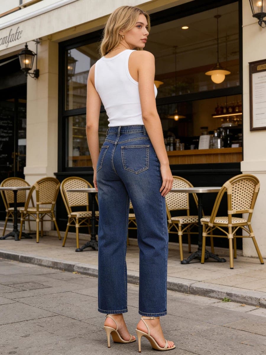 Belle Poque Women Wide Leg Jeans Mid Rise Straight Leg Ankle Jeans with Pockets, Dark Blue, 8 thumbnail 5