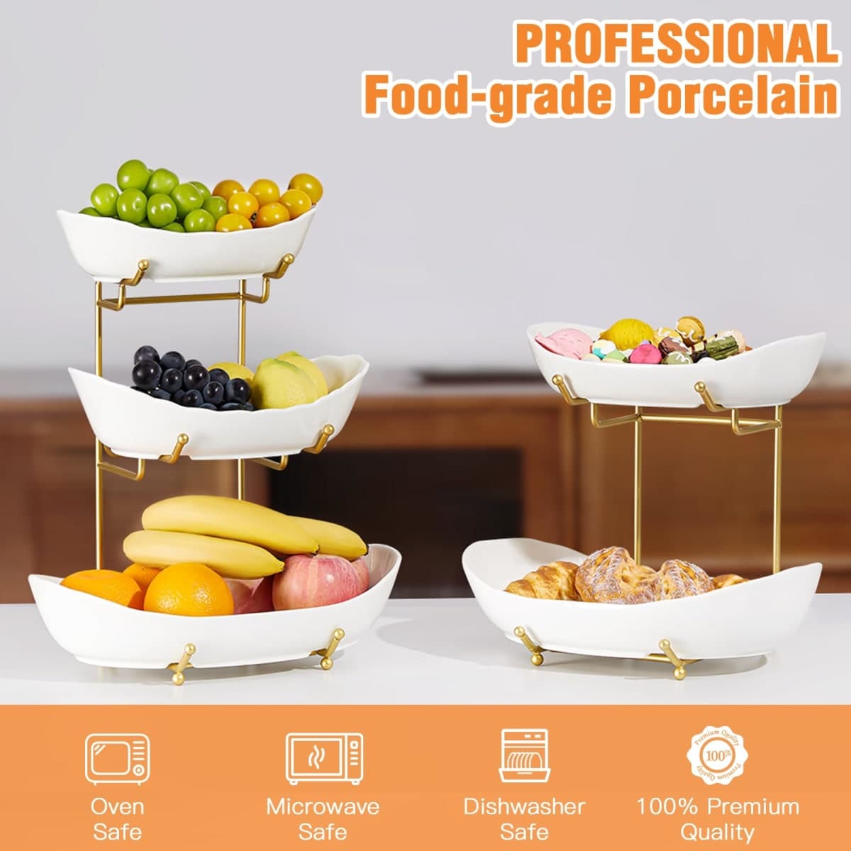 HOMKULA Ceramic Fruit Bowl for Kitchen Counter - 2 Tier Fruit Basket with Metal Stand, Tiered Fruit Stand for Countertop, Snack, Nuts, Cake, Dessert (Gold, Large) thumbnail 2