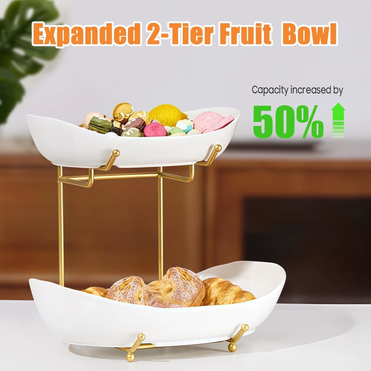 HOMKULA Ceramic Fruit Bowl for Kitchen Counter - 2 Tier Fruit Basket with Metal Stand, Tiered Fruit Stand for Countertop, Snack, Nuts, Cake, Dessert (Gold, Large) thumbnail 3