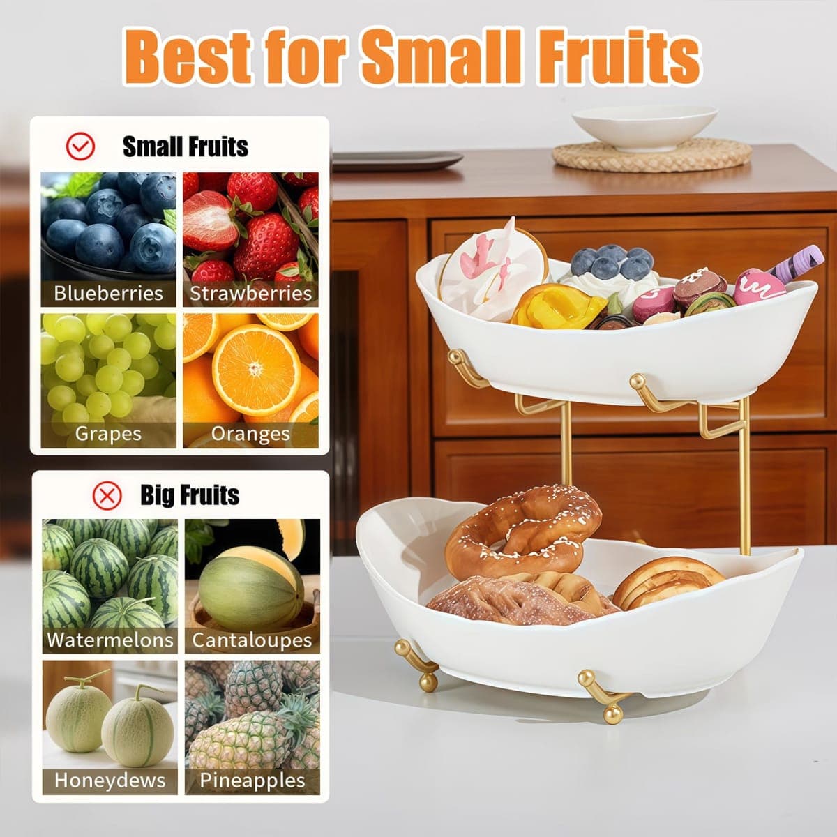 HOMKULA Ceramic Fruit Bowl for Kitchen Counter - 2 Tier Fruit Basket with Metal Stand, Tiered Fruit Stand for Countertop, Snack, Nuts, Cake, Dessert (Gold, Large) thumbnail 4