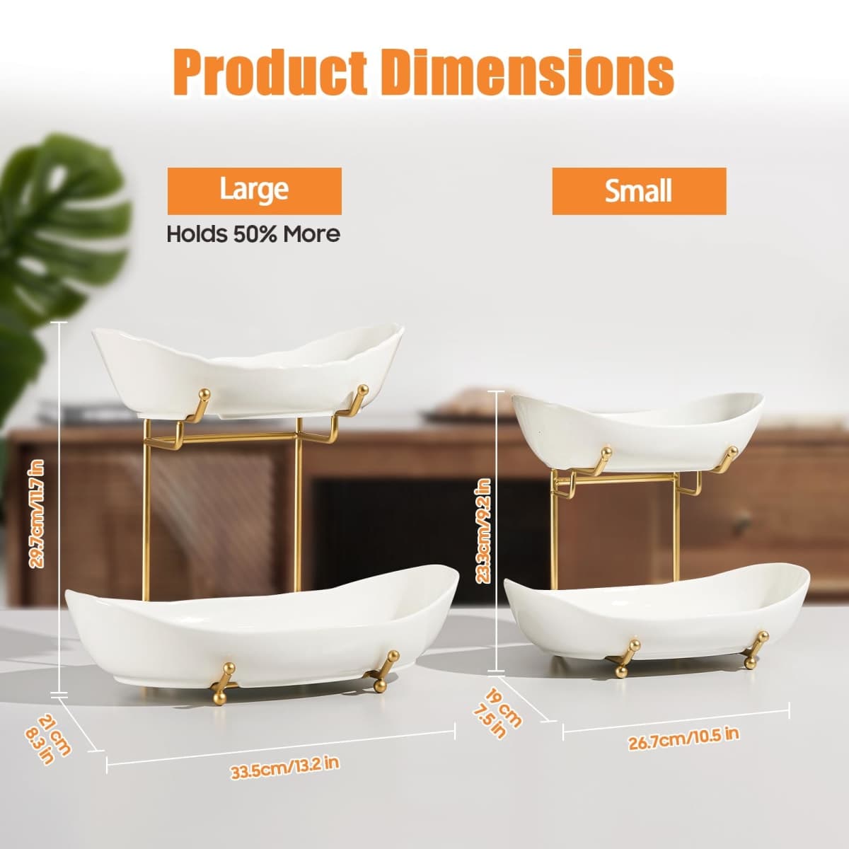 HOMKULA Ceramic Fruit Bowl for Kitchen Counter - 2 Tier Fruit Basket with Metal Stand, Tiered Fruit Stand for Countertop, Snack, Nuts, Cake, Dessert (Gold, Large) thumbnail 5