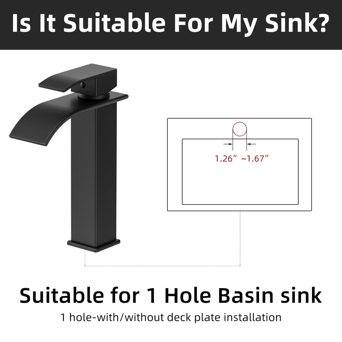 Rywuanku Matte Black Bathroom Faucet Waterfall Spout, Single Handle Sink Faucet with Pop-up Drain & Deck Plate, Modern 1 Hole Vanity Faucet for RV, Farmhouse, Camper or Bathroom Sink thumbnail 5