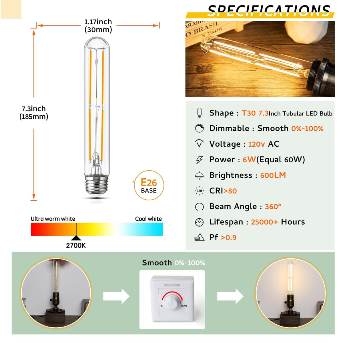 Sphoon - 7.3" Dimmable T10 LED E26 Tubular Light Bulb 6W 60W, Edison Bulbs 2700K Solf White, 185mm Long for Wall Sconces, Pendant, Living Room, Pack of 8 thumbnail 3