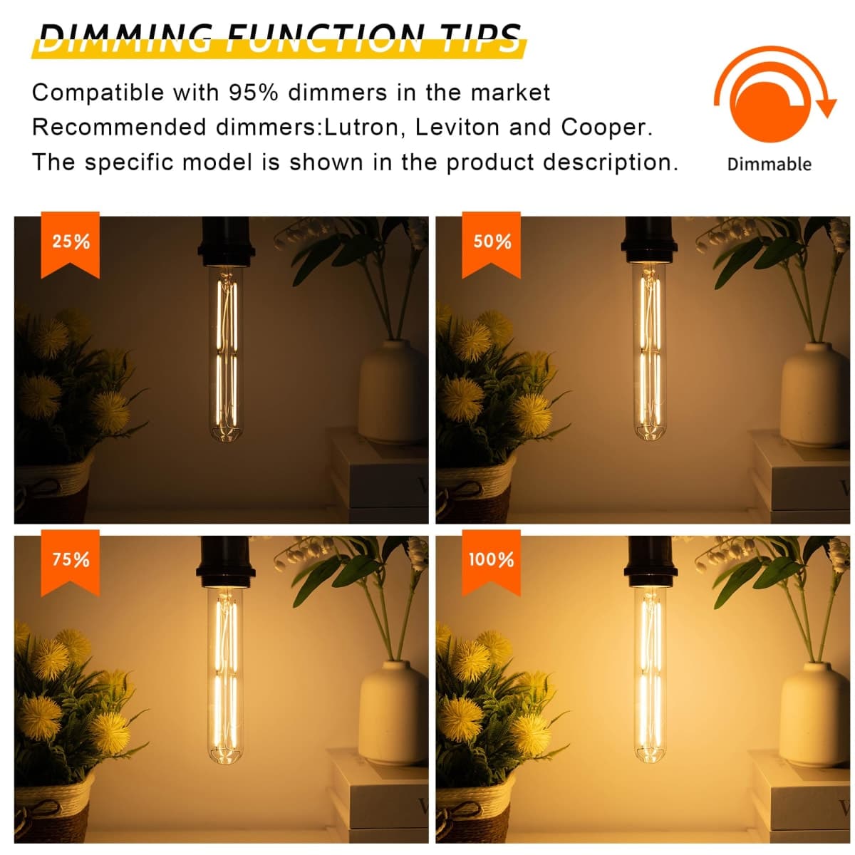 Sphoon - 7.3" Dimmable T10 LED E26 Tubular Light Bulb 6W 60W, Edison Bulbs 2700K Solf White, 185mm Long for Wall Sconces, Pendant, Living Room, Pack of 8 thumbnail 5