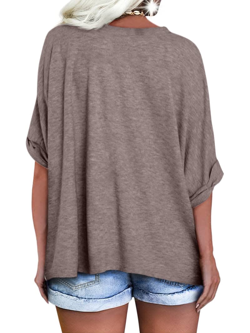Langwyqu Women's Oversized T Shirts V Neck Short Sleeve Summer Casual Loose Tops Tees, Brown, Small thumbnail 2