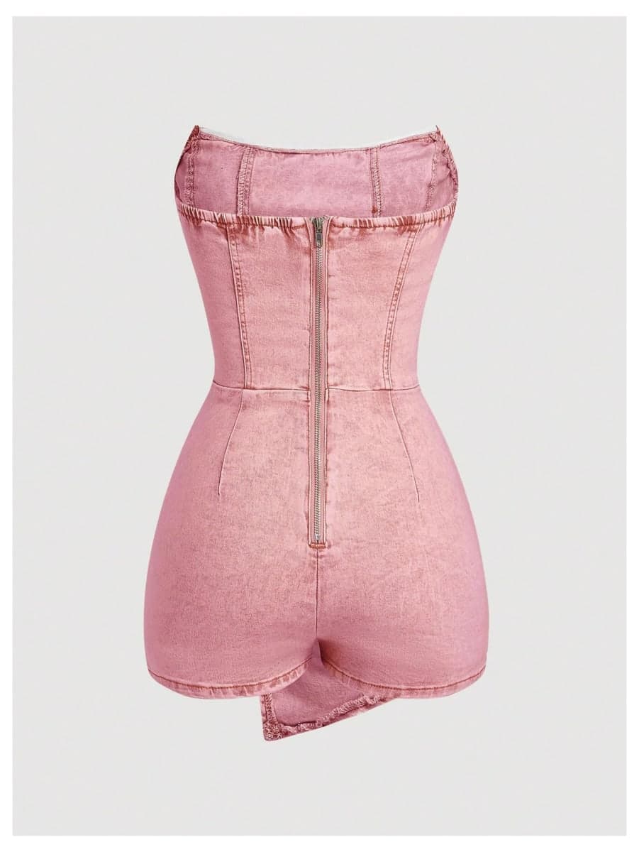SOLY HUX Women's Y2k Denim Wrap Strapless Tube Top Romper Short Jumpsuits, Plain Pink, Medium thumbnail 2