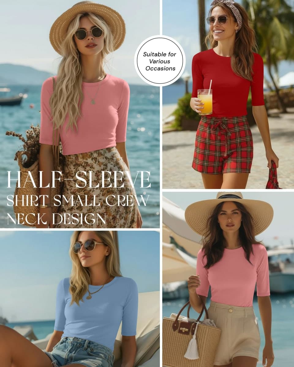 Riyiper 3 Pack Women's 1/2 Sleeve Tops Half Length Sleeve Cotton Crewneck T Shirts Slim Fit Casual Elbow Summer Basic Tees, Sky Blue, Coral Pink, Red, Small thumbnail 2