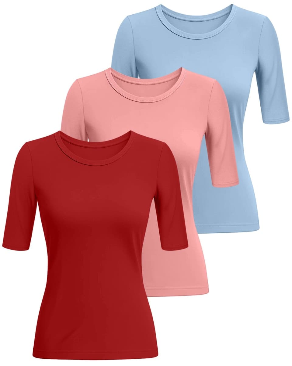Riyiper 3 Pack Women's 1/2 Sleeve Tops Half Length Sleeve Cotton Crewneck T Shirts Slim Fit Casual Elbow Summer Basic Tees, Sky Blue, Coral Pink, Red, Small thumbnail 3