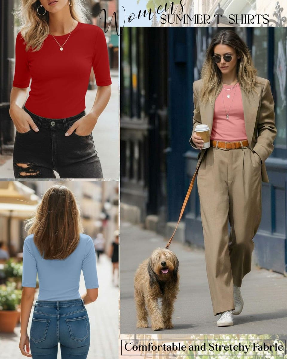 Riyiper 3 Pack Women's 1/2 Sleeve Tops Half Length Sleeve Cotton Crewneck T Shirts Slim Fit Casual Elbow Summer Basic Tees, Sky Blue, Coral Pink, Red, Small thumbnail 5