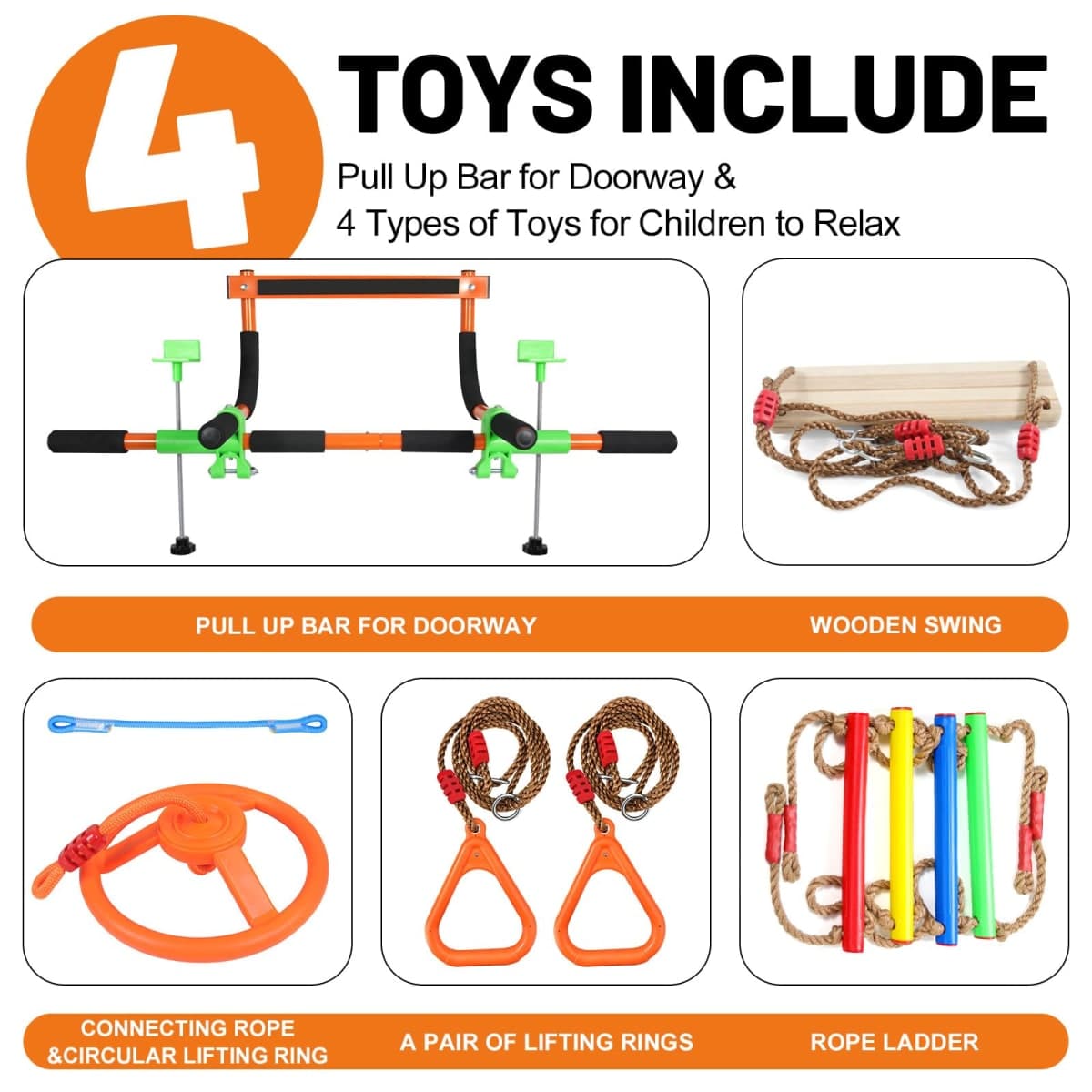 Doorway Swing for Kids & Door Pull Up Bar for Adults - Indoor Kid Swing with 4pcs Accessories - Multi-Function Doorway Gym for Family Fitness & Play (Orange) thumbnail 2