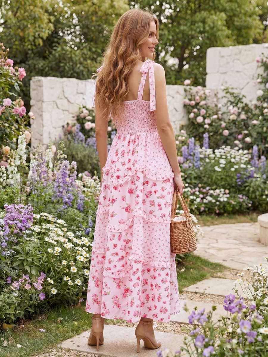 AlisOker Women Floral Maxi Dress Tie Shoulder Ruffled Smocked Boho Sundress, Pink, Small thumbnail 3