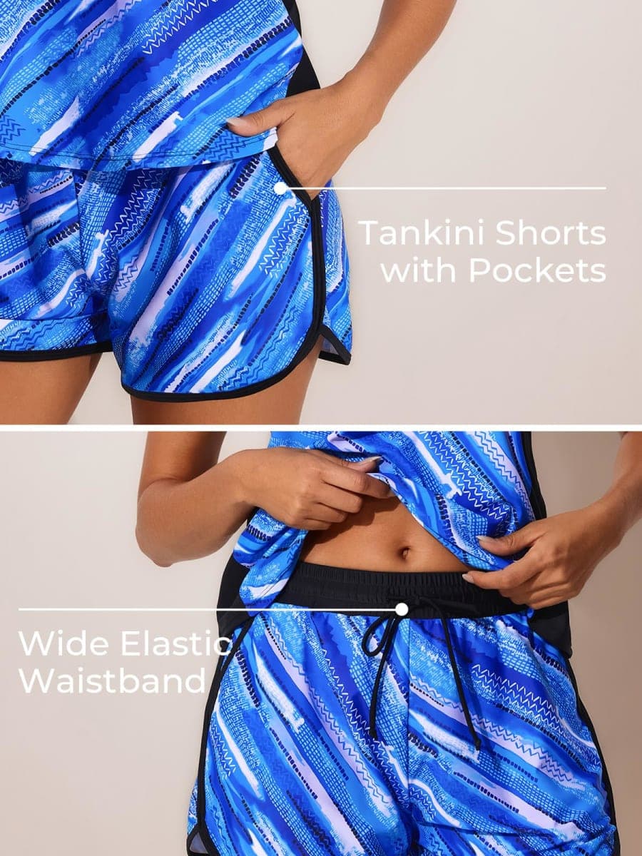 Summer Mae Blouson Tankini Swimsuits for Women 2026 Tummy Control Two Piece Bathing Suits with Sporty Pockets Swim Shorts Blue Ocean Ripples Size 12 thumbnail 4