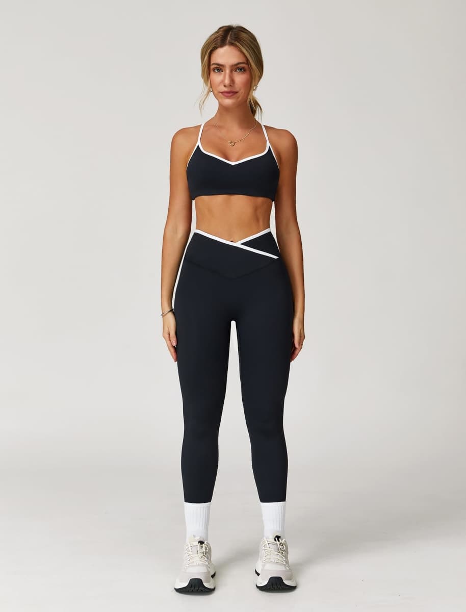 ABOCIW Workout Sets for Women 2 Piece Color Block Strappy Sports Bra High Waist Shorts Gym Yoga Pilates Outfits, Black, Small thumbnail 2