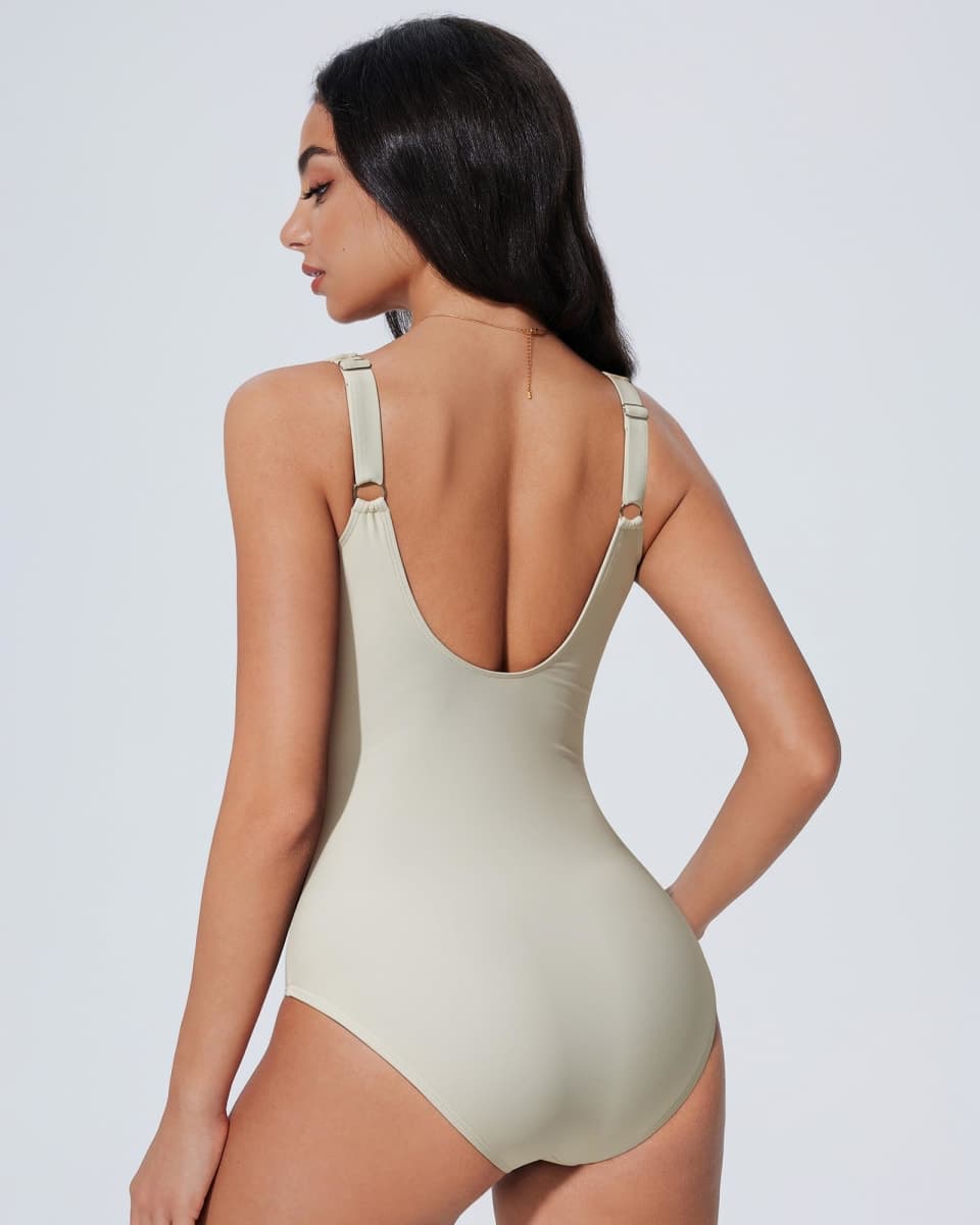 SUUKSESS Women Retro One Piece Swimsuit Sexy Tummy Control Bathing Suit, 92 Beige White, Medium thumbnail 3