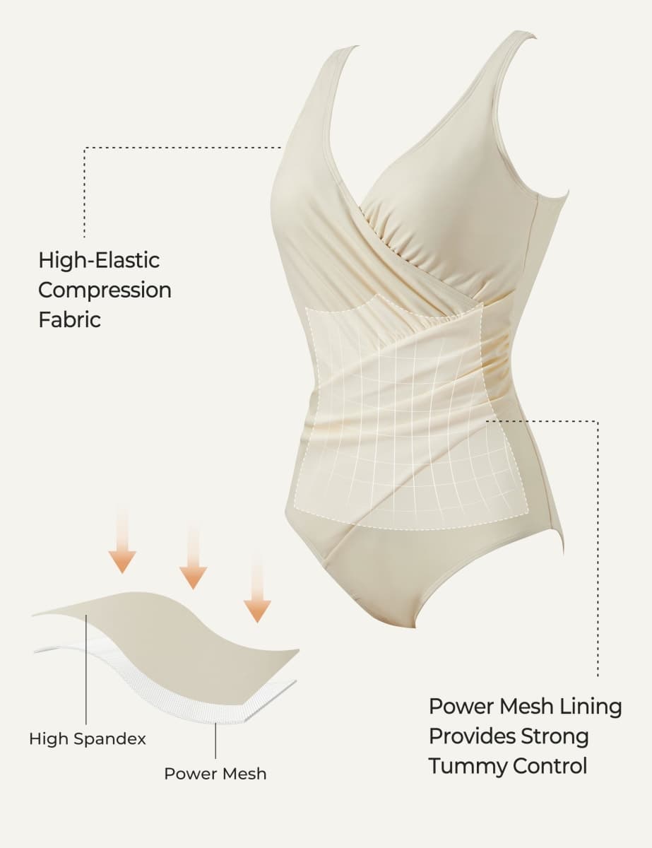 SUUKSESS Women Retro One Piece Swimsuit Sexy Tummy Control Bathing Suit, 92 Beige White, Medium thumbnail 4
