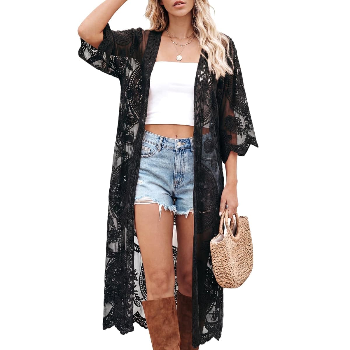 Funnysoft Kimonos for Women Lace Cardigan Swimsuit Cover up Summer Kimono Cardigan Open Front Sheer Long Boho Coverup, Black, One Size — image 1