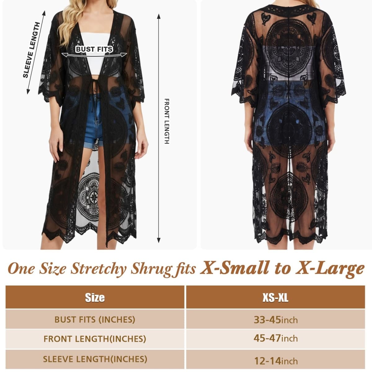 Funnysoft Kimonos for Women Lace Cardigan Swimsuit Cover up Summer Kimono Cardigan Open Front Sheer Long Boho Coverup, Black, One Size thumbnail 2