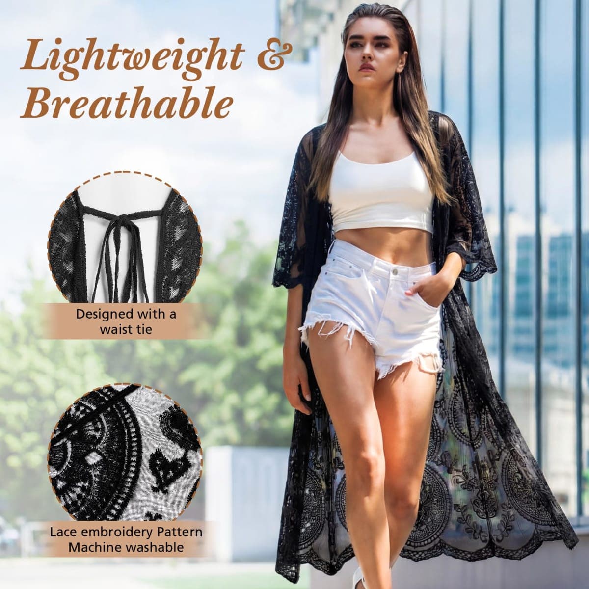 Funnysoft Kimonos for Women Lace Cardigan Swimsuit Cover up Summer Kimono Cardigan Open Front Sheer Long Boho Coverup, Black, One Size thumbnail 3