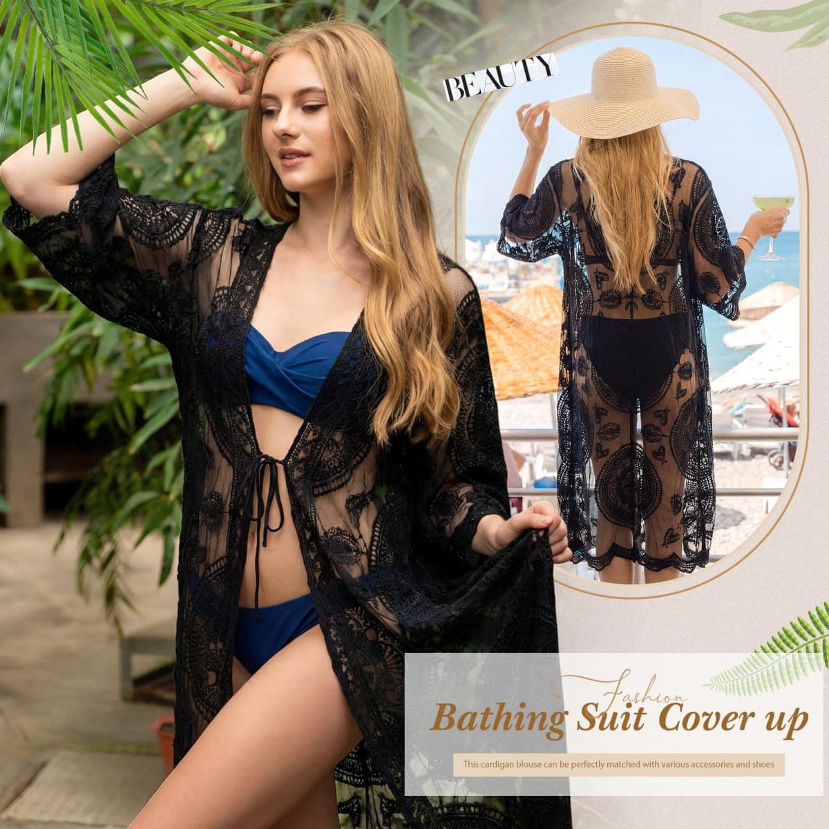 Funnysoft Kimonos for Women Lace Cardigan Swimsuit Cover up Summer Kimono Cardigan Open Front Sheer Long Boho Coverup, Black, One Size thumbnail 4