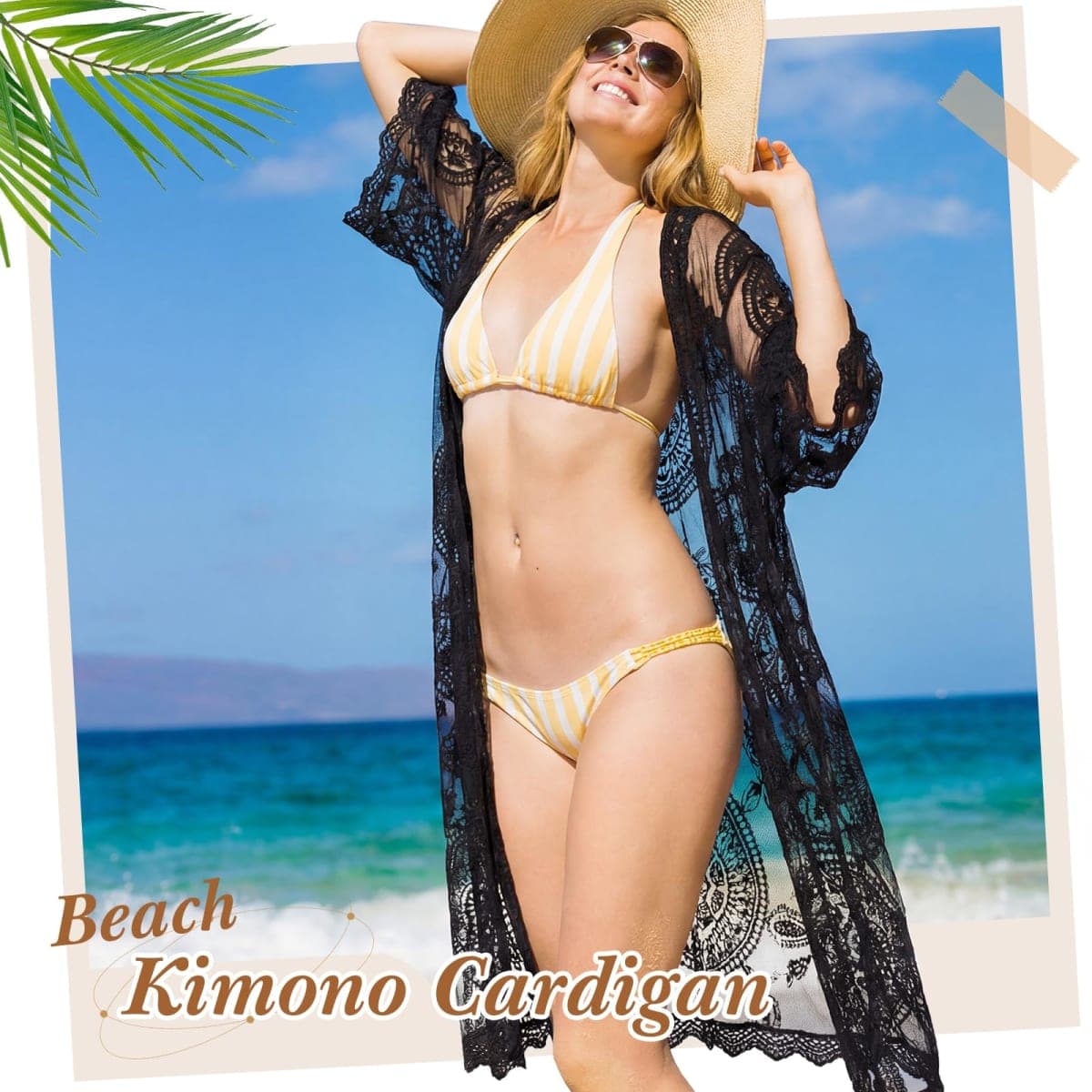 Funnysoft Kimonos for Women Lace Cardigan Swimsuit Cover up Summer Kimono Cardigan Open Front Sheer Long Boho Coverup, Black, One Size thumbnail 5
