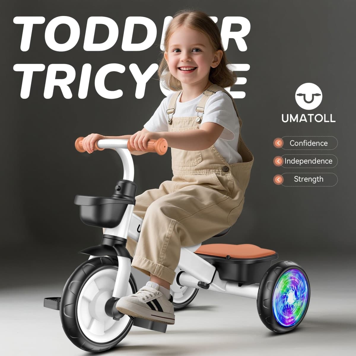 Umatoll Tricycle for Toddlers 2-5 Year Old, Ajustable Toddler Bike Outdoor Toys, Birthday Gift for Boy Age 2-4, Trike with Light up Wheels (White) thumbnail 2